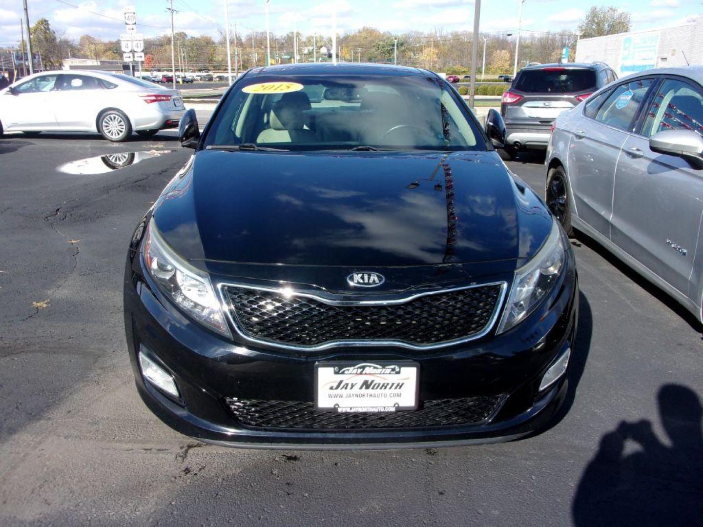 2015 BLACK KIA OPTIMA EX (5XXGN4A77FG) with an 2.4L engine, Automatic transmission, located at 501 E. Columbia St., Springfield, OH, 45503, (800) 262-7122, 39.925262, -83.801796 - *** New Tires *** EX *** Leather *** Panoramic Moonroof *** Premium Audio *** Serviced and Detailed *** Jay North Auto has offered hand picked vehicles since 1965! Our customer's enjoy a NO pressure buying experience with a small town feel. All of our vehicles get fully inspected and detailed. W - Photo#1