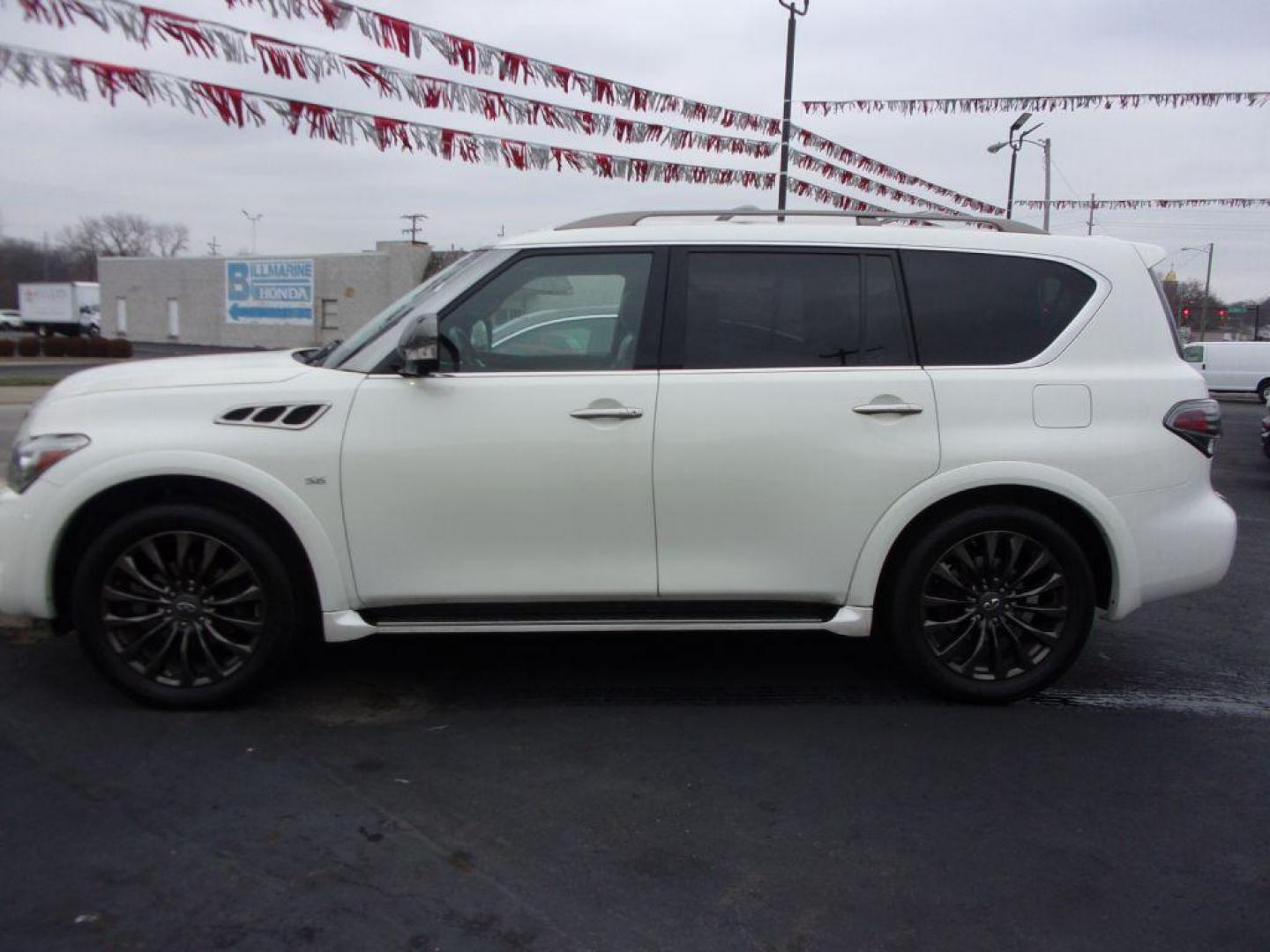 2015 WHITE INFINITI QX80 LIMITED (JN8AZ2NE8F9) with an 5.6L engine, Automatic transmission, located at 501 E. Columbia St., Springfield, OH, 45503, (800) 262-7122, 39.925262, -83.801796 - *** 5.6L V8 *** Limtied *** Loaded *** Bose Audio *** Heated and Cooled Leather Seating *** Serviced and Detailed *** Jay North Auto has offered hand picked vehicles since 1965! Our customer's enjoy a NO pressure buying experience with a small town feel. All of our vehicles get fully inspected - Photo#0