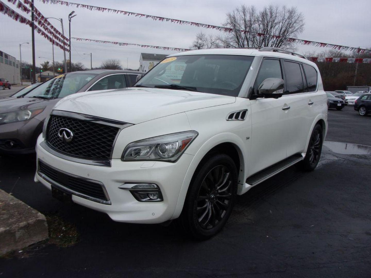 2015 WHITE INFINITI QX80 LIMITED (JN8AZ2NE8F9) with an 5.6L engine, Automatic transmission, located at 501 E. Columbia St., Springfield, OH, 45503, (800) 262-7122, 39.925262, -83.801796 - *** 5.6L V8 *** Limtied *** Loaded *** Bose Audio *** Heated and Cooled Leather Seating *** Serviced and Detailed *** Jay North Auto has offered hand picked vehicles since 1965! Our customer's enjoy a NO pressure buying experience with a small town feel. All of our vehicles get fully inspected - Photo#1