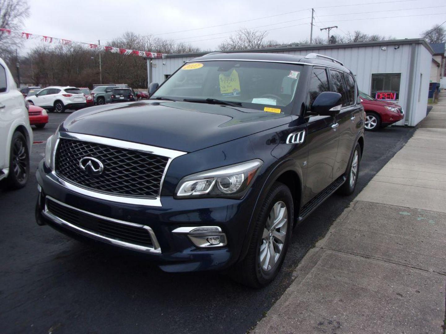 2017 BLUE INFINITI QX80 (JN8AZ2NE6H9) with an 5.6L engine, Automatic transmission, located at 501 E. Columbia St., Springfield, OH, 45503, (800) 262-7122, 39.925262, -83.801796 - Photo#1