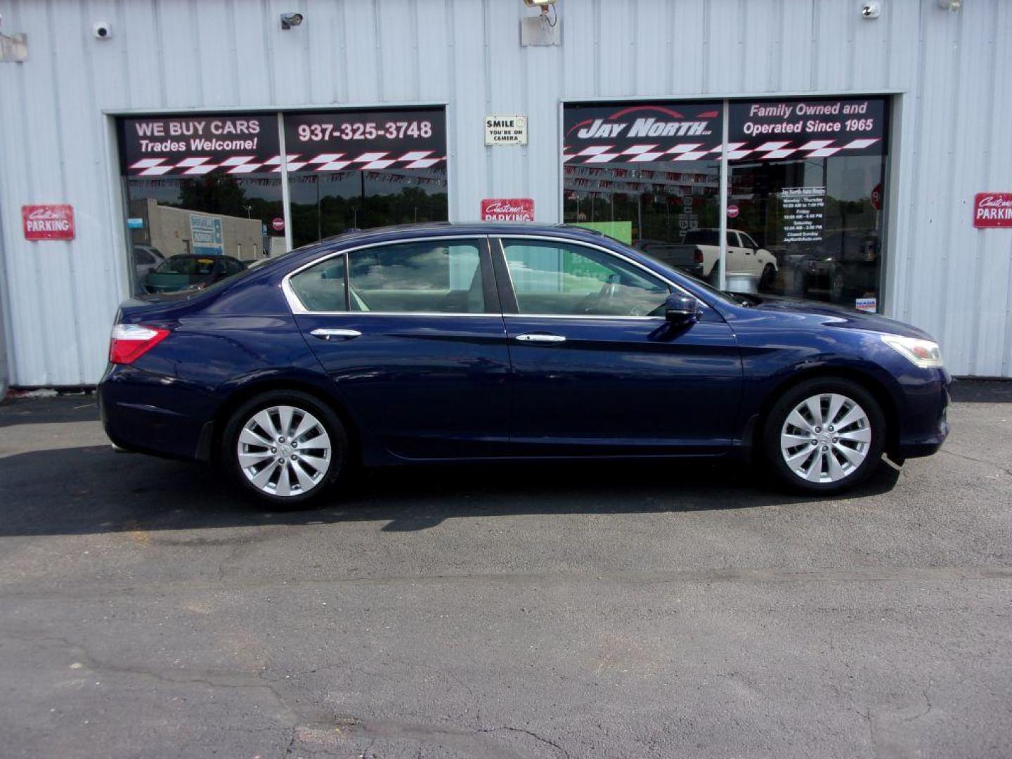 2013 BLUE HONDA ACCORD EXL (1HGCR2F89DA) with an 2.4L engine, Continuously Variable transmission, located at 501 E. Columbia St., Springfield, OH, 45503, (800) 262-7122, 39.925262, -83.801796 - ***Clean Carfax***New Timing***Transmission Serviced***New Front and Rear Pads and Rotors***EX-L***Heated Leather Seating***Moonroof***Serviced and Detailed*** Jay North Auto has offered hand picked vehicles since 1965! Our customer's enjoy a NO pressure buying experience with a small town feel. - Photo#0