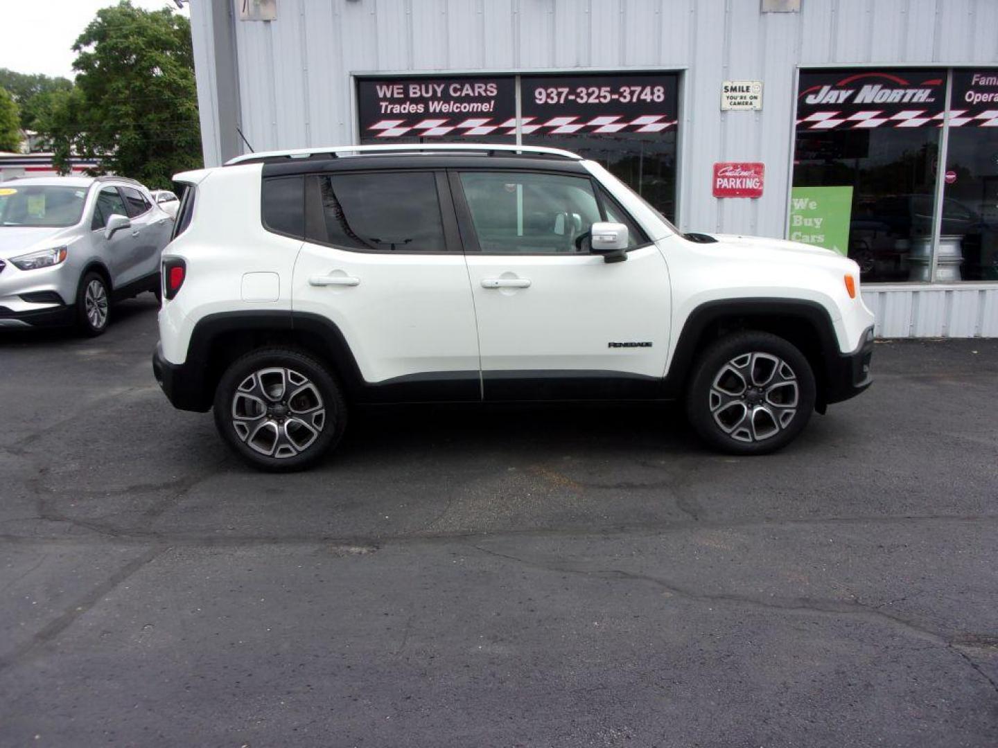 2016 WHITE JEEP RENEGADE LIMITED (ZACCJBDT2GP) with an 2.4L engine, Automatic transmission, located at 501 E. Columbia St., Springfield, OH, 45503, (800) 262-7122, 39.925262, -83.801796 - ***4WD***Navigation***Limited***Heated Leather Seating***Beats Audio***My Sky***Heated Steering Wheel***Serviced and Detailed*** Jay North Auto has offered hand picked vehicles since 1965! Our customer's enjoy a NO pressure buying experience with a small town feel. All of our vehicles get fully - Photo#0