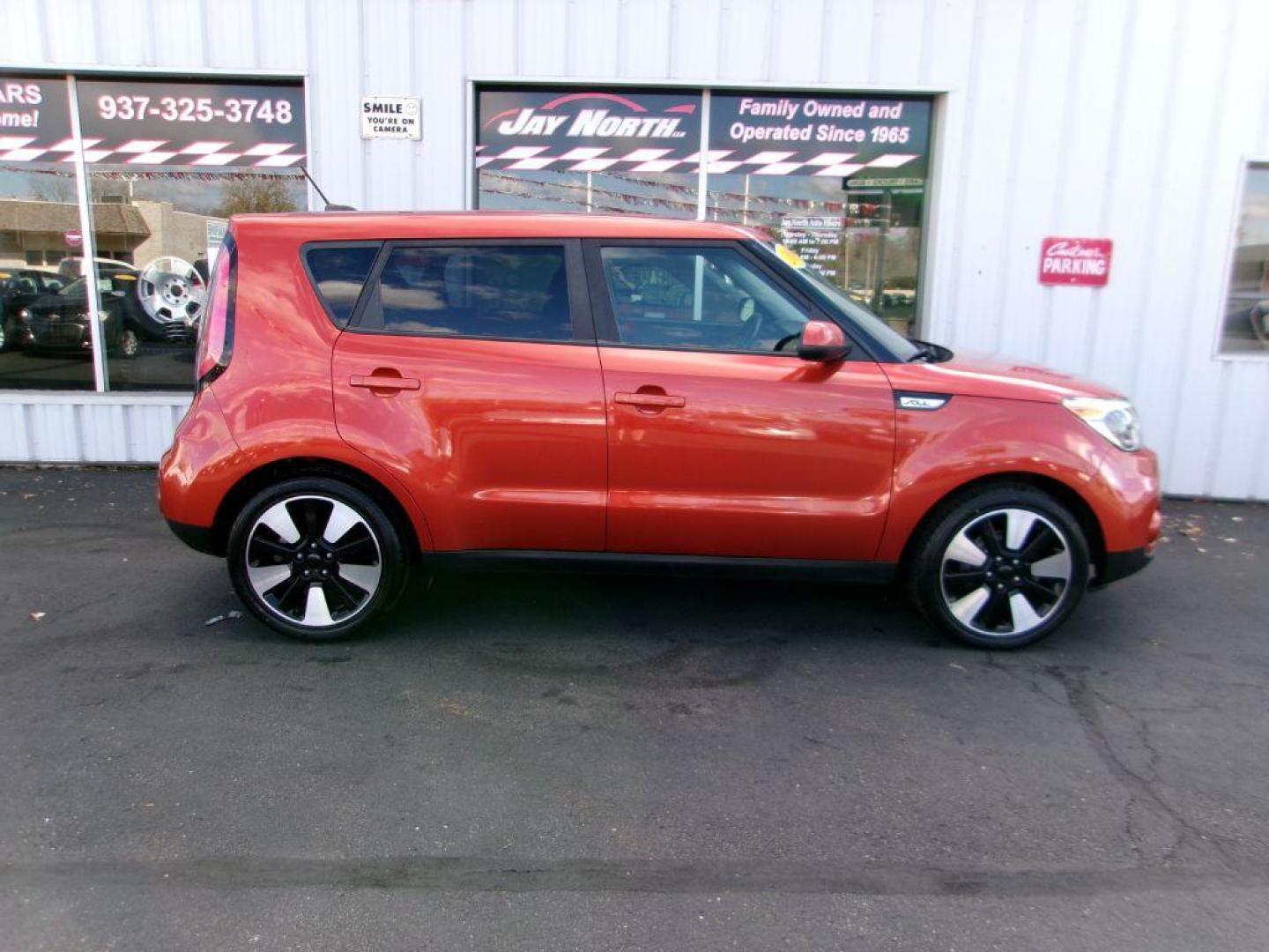 2019 ORANGE KIA SOUL + (KNDJP3A53K7) with an 2.0L engine, Automatic transmission, located at 501 E. Columbia St., Springfield, OH, 45503, (800) 262-7122, 39.925262, -83.801796 - ***Clean Carfax***Plus***New Tires***Back-up Camera***Serviced and Detailed*** Jay North Auto has offered hand picked vehicles since 1965! Our customer's enjoy a NO pressure buying experience with a small town feel. All of our vehicles get fully inspected and detailed. We are a preferred deale - Photo#0