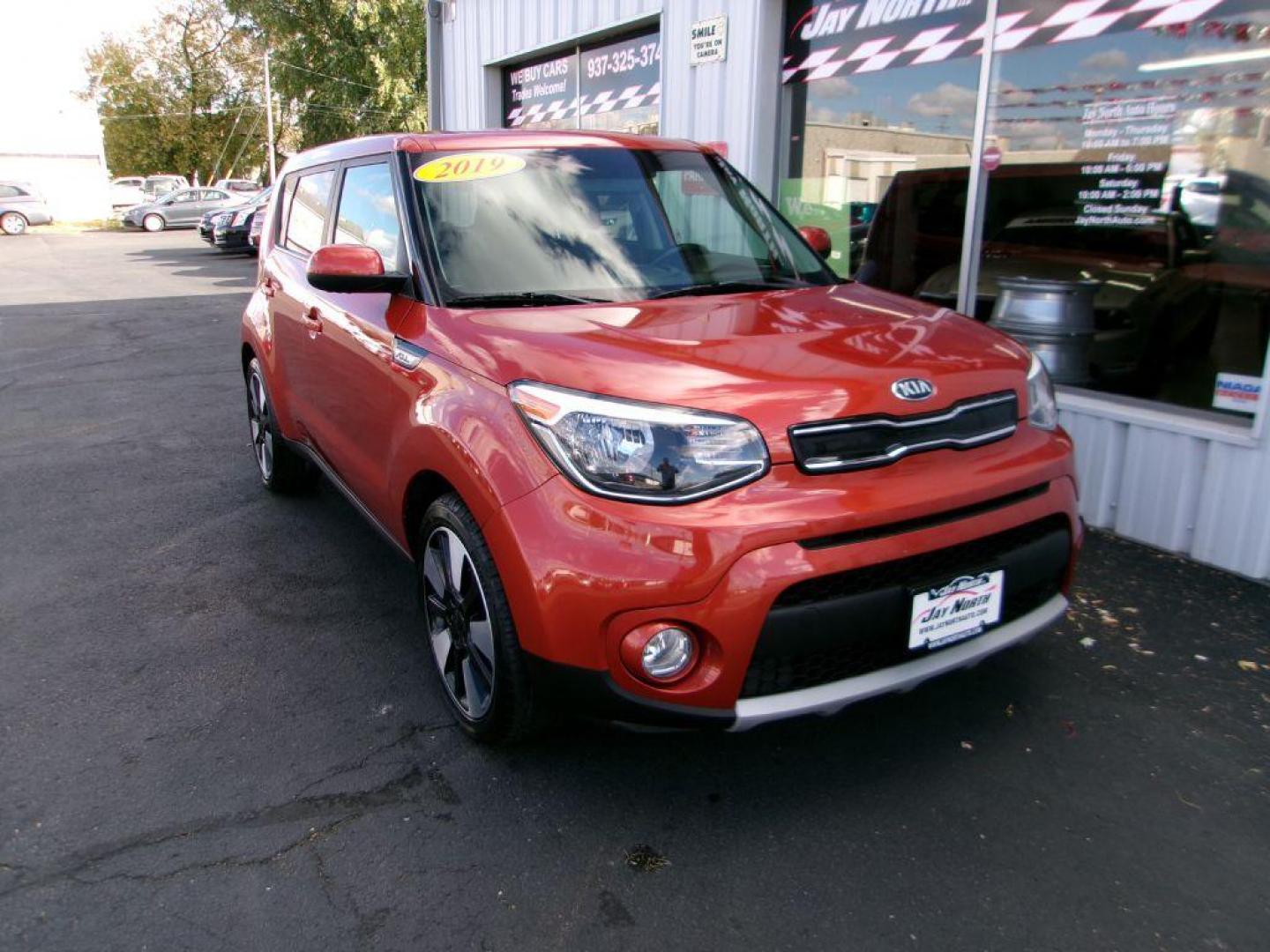 2019 ORANGE KIA SOUL + (KNDJP3A53K7) with an 2.0L engine, Automatic transmission, located at 501 E. Columbia St., Springfield, OH, 45503, (800) 262-7122, 39.925262, -83.801796 - ***Clean Carfax***Plus***New Tires***Back-up Camera***Serviced and Detailed*** Jay North Auto has offered hand picked vehicles since 1965! Our customer's enjoy a NO pressure buying experience with a small town feel. All of our vehicles get fully inspected and detailed. We are a preferred deale - Photo#2