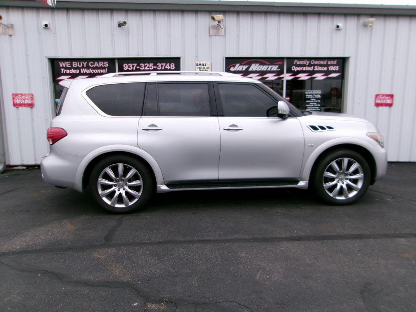 2014 SILVER INFINITI QX80 (JN8AZ2NE8E9) with an 5.6L engine, Automatic transmission, located at 501 E. Columbia St., Springfield, OH, 45503, (800) 262-7122, 39.925262, -83.801796 - ***LOADED***Heated and Cooled Leather Seats***Heated steering wheel***4X4***Moonroof***5.6L V8***Serviced and Detailed*** Jay North Auto has offered hand picked vehicles since 1965! Our customer's enjoy a NO pressure buying experience with a small town feel. All of our vehicles get fully inspect - Photo#0